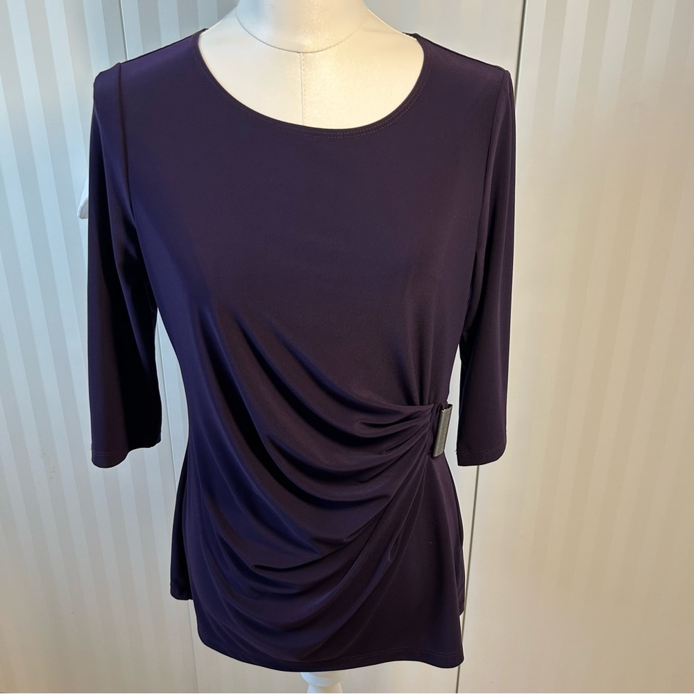 Piccadilly purple side gathered 3/4 sleeve blouse never wrinkle Size S